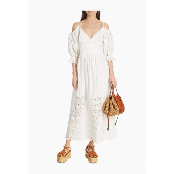 Ulla Johnson White Off the shoulder Puff Sleeve Narcisa Eyelet Maxi Dress sz 0 - Picture 1 of 14